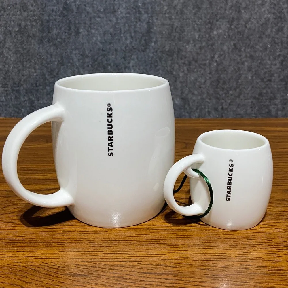 Starbucks White Ceramic Coffee Canister 14oz Mug and‎ 3oz Mini Mug Ornament Set